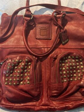 Frye Red Burgundy Leather Studded Shoulder Tote